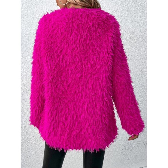 Plus Size Fuzzy Faux Fur Coat Waterfall Collar Long Sleeves Warm Outwear - Picture 5 of 5